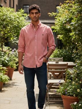 Polo Ralph Lauren Shirt Mens M Orange Red Gingham Button Down Pony Logo